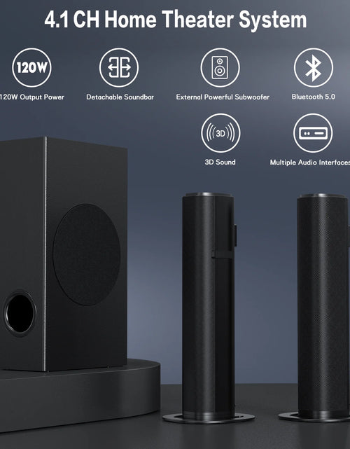 Load image into Gallery viewer, 4.1Ch Sound Bar with Subwoofer, 120W Separable Sound Bar for TV, 2-In-1 Detachable Sound Bar with Usb/Aux/Coaxial/Optical/Hdmi/Bluetooth
