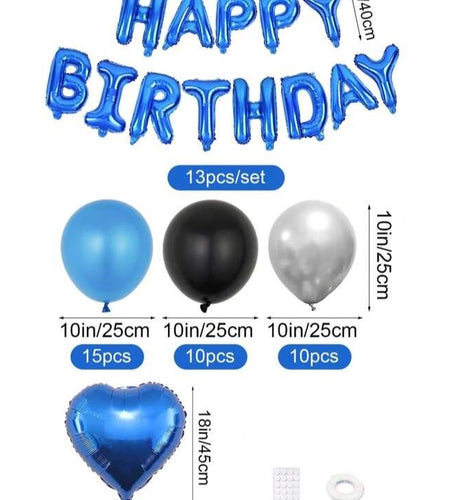 52Pcs Blue Birthday Party Decoration Kit with 'Happy Birthday' Banner, Latex Balloons, Heart-Shaped Foil Balloons, Glue Dots, and White Ribbon Birthday Balloon Foil Balloon Party Decoration Birthday Decoration