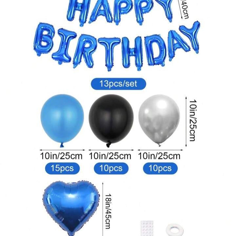 52Pcs Blue Birthday Party Decoration Kit with 'Happy Birthday' Banner, Latex Balloons, Heart-Shaped Foil Balloons, Glue Dots, and White Ribbon Birthday Balloon Foil Balloon Party Decoration Birthday Decoration