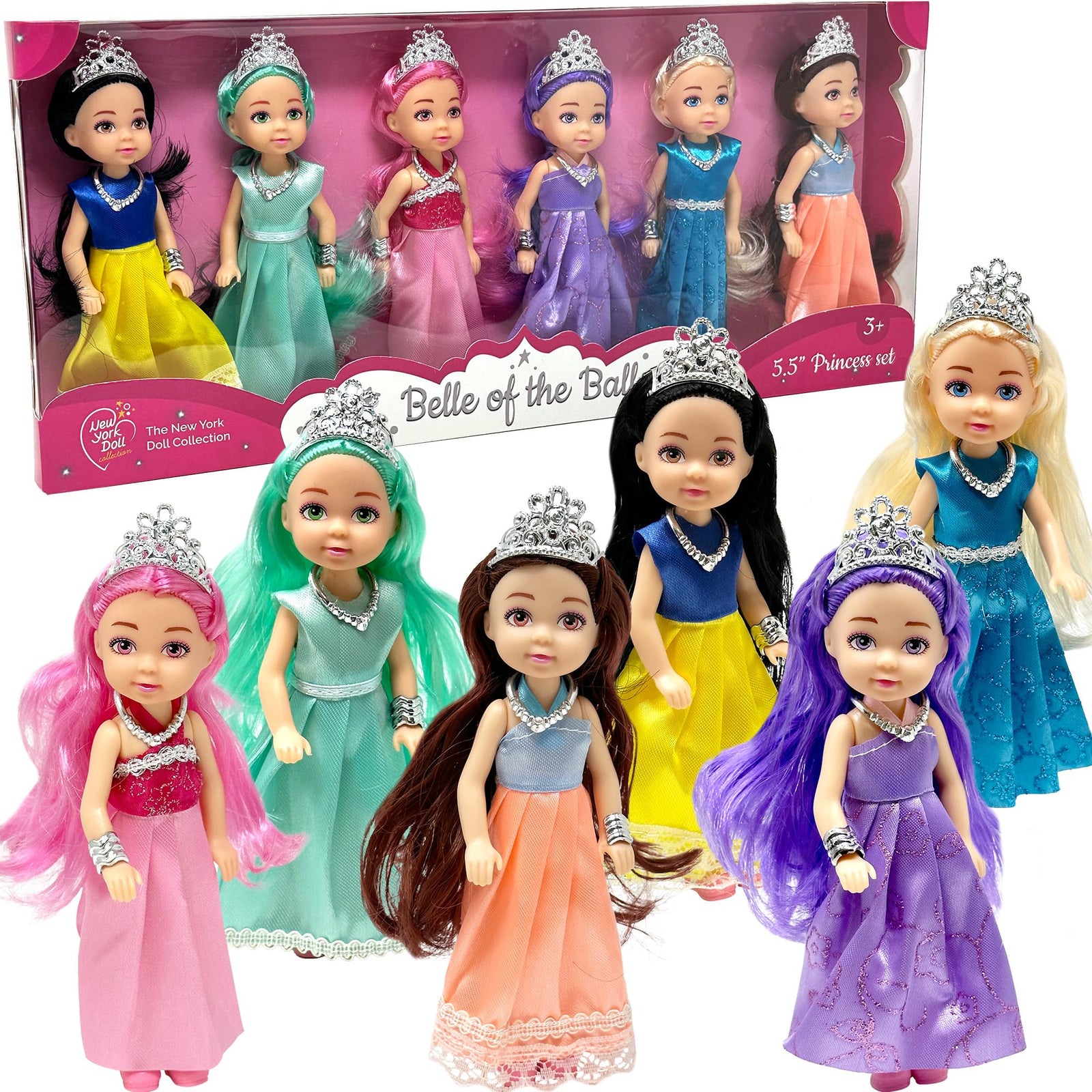 Little Dolls Set with Mini Princess Dolls for Girls – Princess Toy Dolls for Dollhouse –Small Doll Mini Princess Figures with Tiaras Hair Accessories