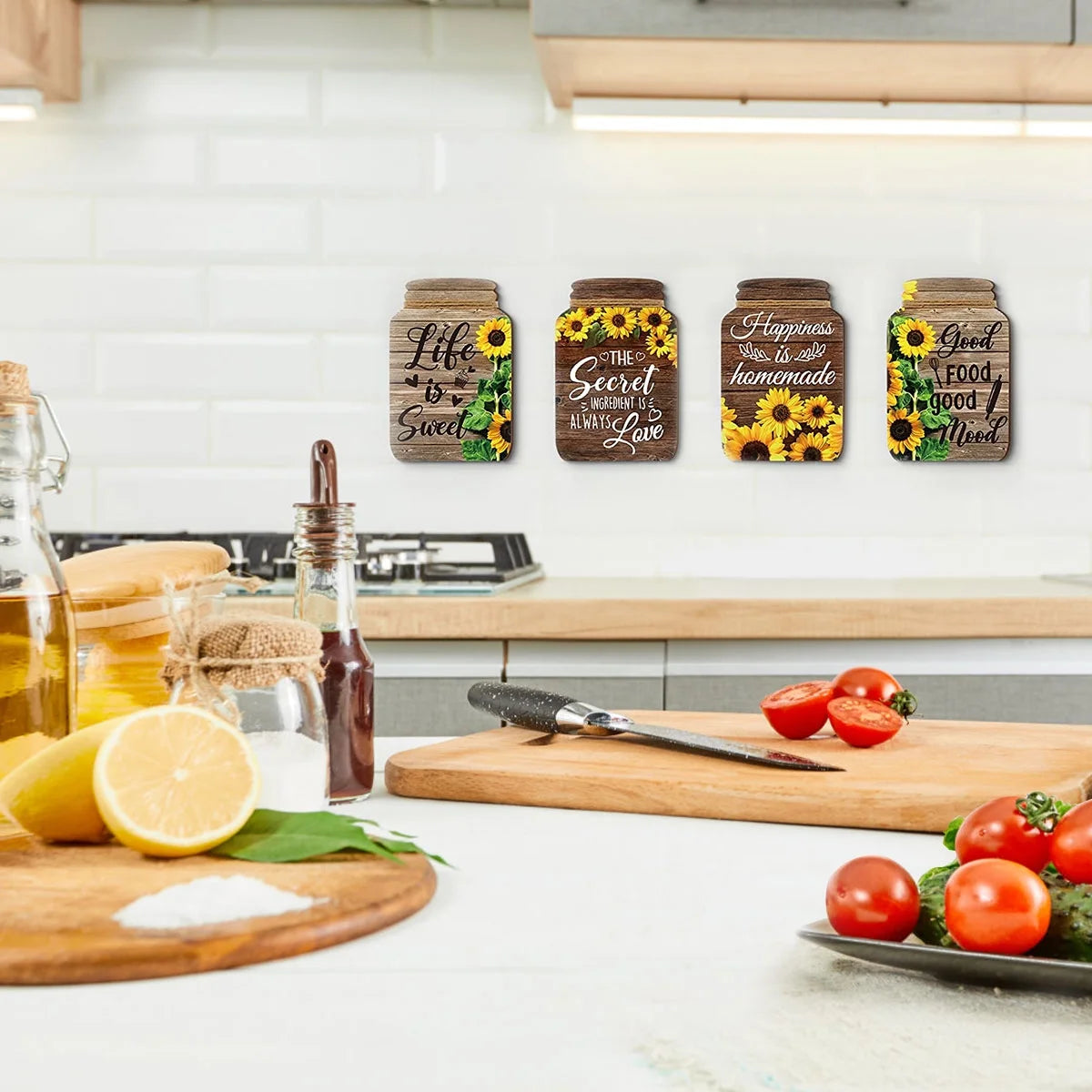4 Pcs Mason Jar Wall Decor Wooden,Kitchen Rustic Home Decor Inspirational Kitchen Decor Hanging Farmhouse Kitchen Signs Wall Decor for Home Decor