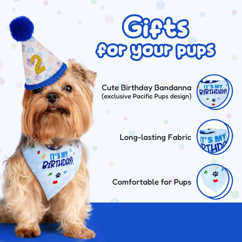 Pacific Pups - Dog Birthday Party Set - Dog Birthday Hat, Birthday Dog Bandanna, Squeaky Dog Toy, Birthday Banner for Pet Birthday Party