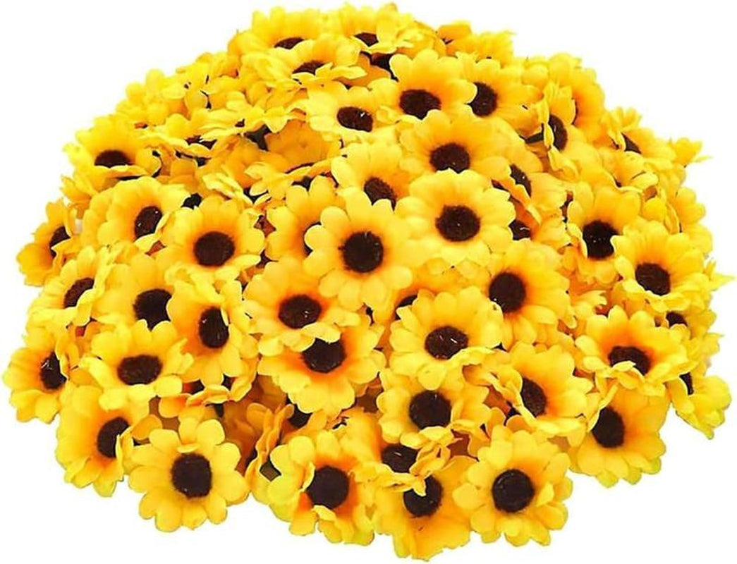 Fall Halloween Gift 100Pcs Yellow Artificial Flower Heads Mini Fake Sunflower Decorative Fabric Flowers Craft Floral Embellishments