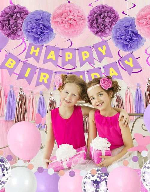 Load image into Gallery viewer, Purple Pink Birthday Party Decorations Set with Happy Birthday Banner, Hanging Swirls, Tissue Paper Pompoms, Circle Dots Garland &amp; More Balloons
