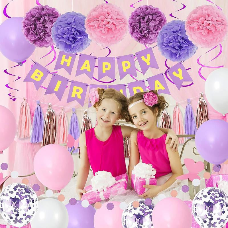 Purple Pink Birthday Party Decorations Set with Happy Birthday Banner, Hanging Swirls, Tissue Paper Pompoms, Circle Dots Garland & More Balloons
