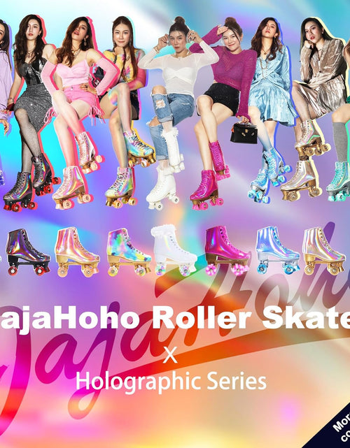 Load image into Gallery viewer, Roller Skates for Women, Holographic High Top PU Leather Rollerskates, Shiny Double-Row Four Wheels Quad Skates for Girls and Age 8-50 Indoor Outdoor (Silver Purple)
