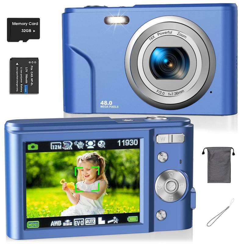 Auto Focus Digital Camera, 1 Count Full HD 1080P/48MP Mini Digital Cameras with 32G Memory Card, Compact Portable Camera, 16X Zoom Digital Camera Pictures For, Photo Camera, Shoot Cameras, Pocket Camera