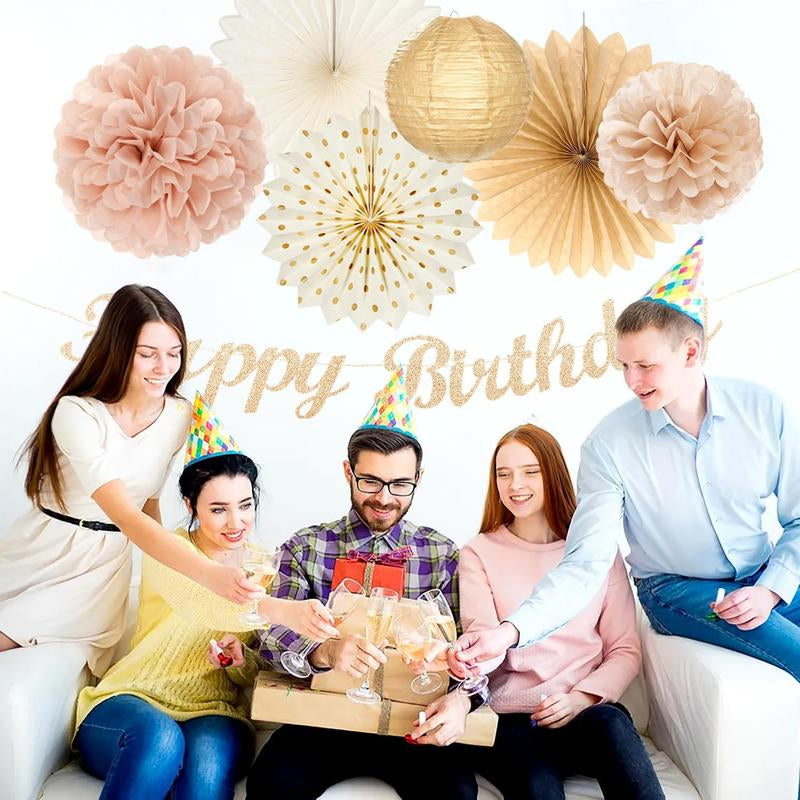 Boho Birthday Party - Decorations 21Pcs Autumn Neutral Retro Happy Banner, Girl Sweet Peach Paper Streamers Lanterns, Rustic Backdrop Decor Set Cozy