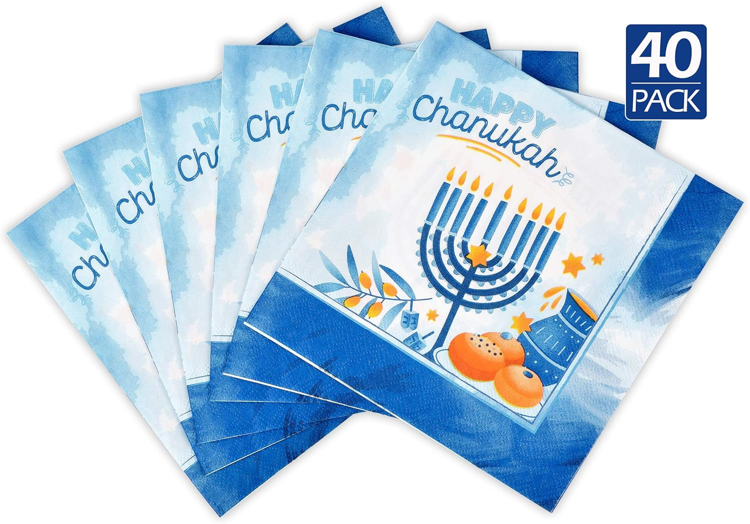 Hanukkah Napkins, Hanukkah Paper Goods, Blue and White - Chanukah Themed Party Supplies (Pack of 40)
