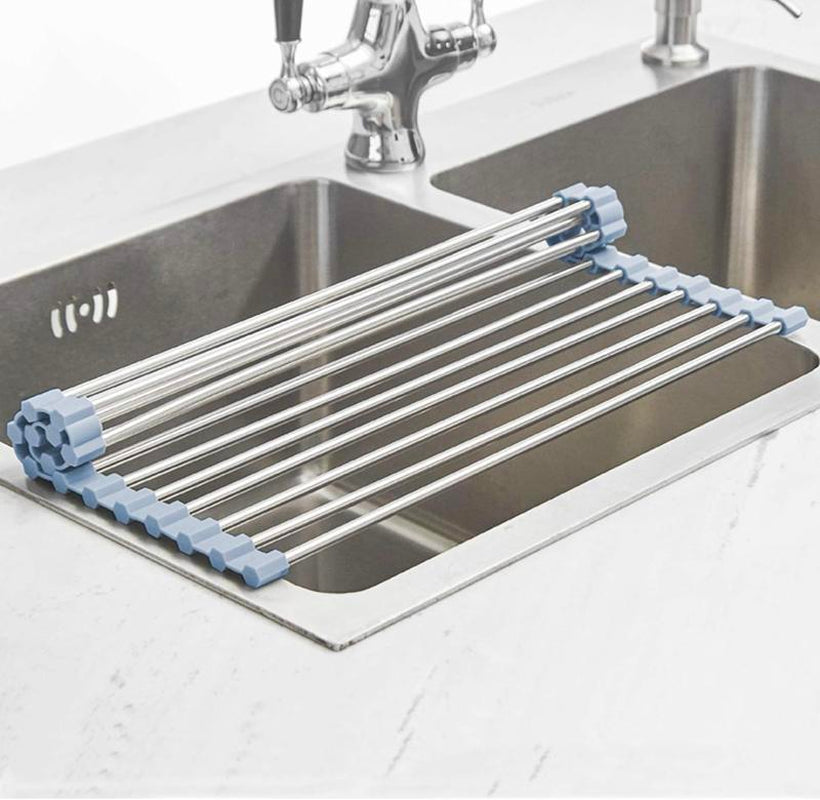 Way Finder - over the Sink Dish Drying Rack, Roll up Dish Drying Rack Kitchen Fruit Organiser Stainless Steel Bowl Cabinet Silicone