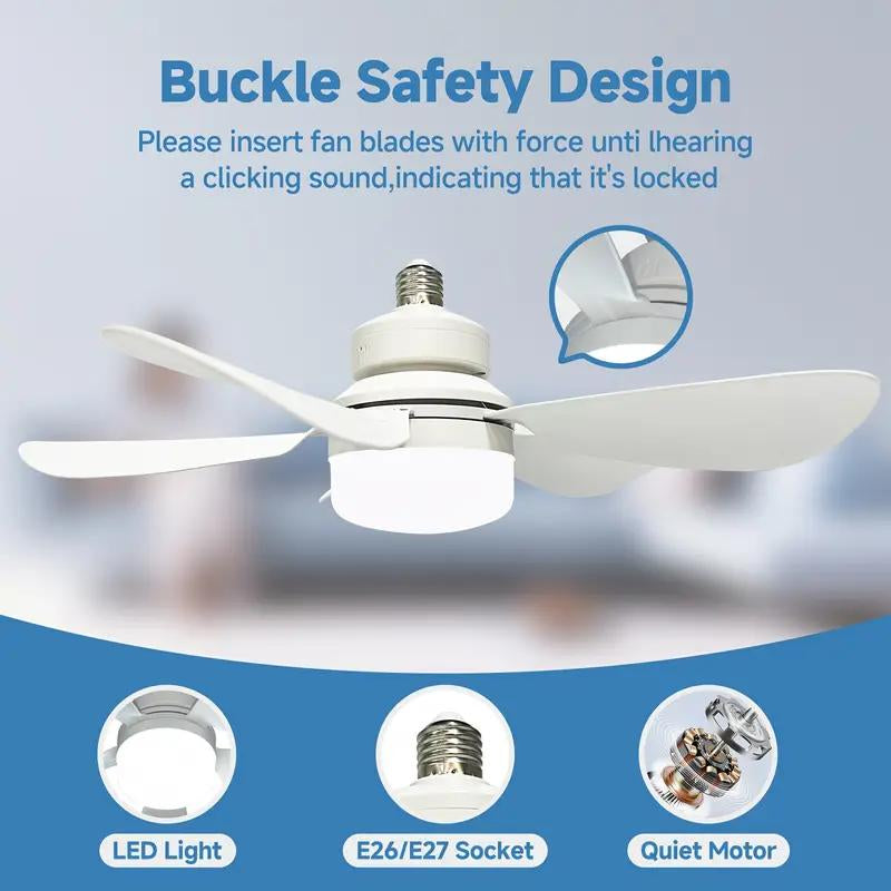 Socket Ceiling Fan Light with Remote Control, E27 Base Dimmable LED Energy Saving Lamp, 3 Levels Dimming, Suitable for Bedroom, Living Room, Kitchen