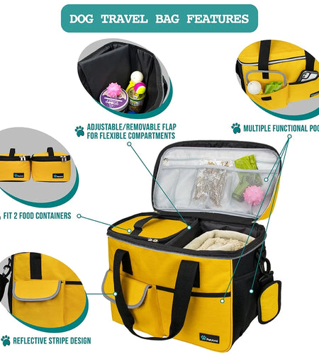 Medium Dog Travel Bag with Food Containers and Bowls, Yellow, 22 L Limit