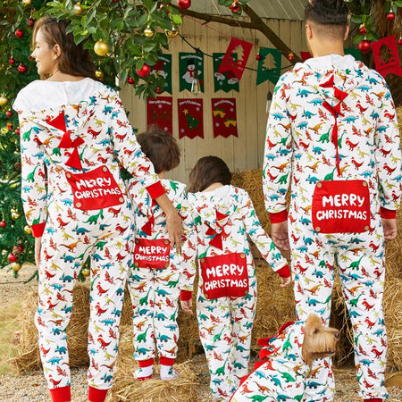Patpat Christmas Pjs Dinosaur Print Family Matching Long-Sleeve Pajama Set Hooded Onesies Family Clothing Pajamas Sets (Flame Resistant) Spingtok