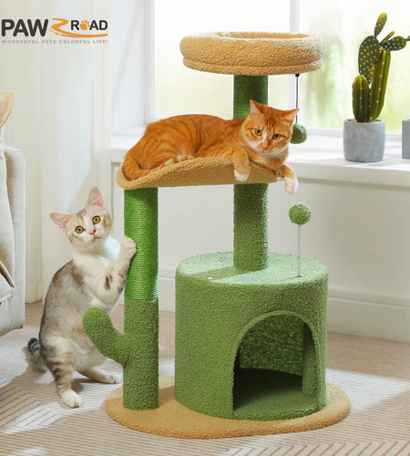 Cactus Cat Tree with Curved Perch Cozy Cat Condo Small Cat Tower with Removable Top Bed Cat Scratching Post for Indoor Cat Toys