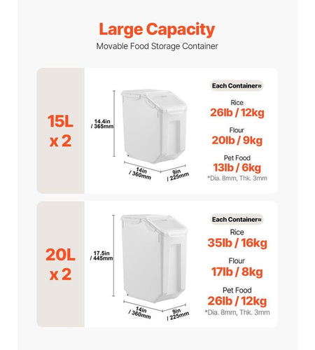 VEVOR Rice Storage Container, 3.5Gal/15Lx2 + 4.5Gal/20Lx2 Large Dog Food Dispenser Bin, Kitchen Ingredient Grain Cereal Bin, Pet Food Containers with Wheels, 4 Measuring Cups, Airtight Lid, 4 Pack