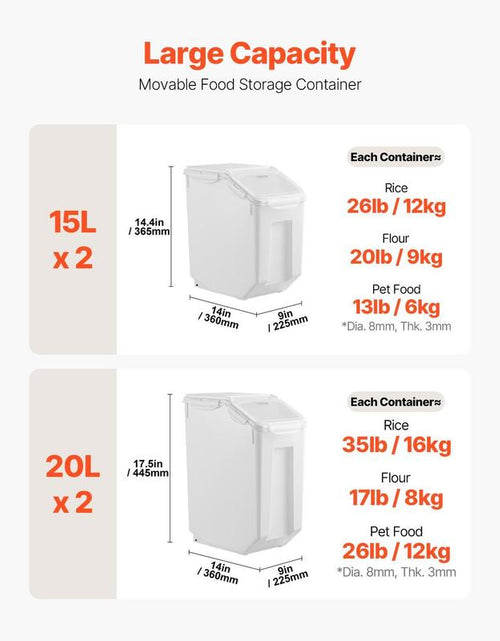 Load image into Gallery viewer, VEVOR Rice Storage Container, 3.5Gal/15Lx2 + 4.5Gal/20Lx2 Large Dog Food Dispenser Bin, Kitchen Ingredient Grain Cereal Bin, Pet Food Containers with Wheels, 4 Measuring Cups, Airtight Lid, 4 Pack
