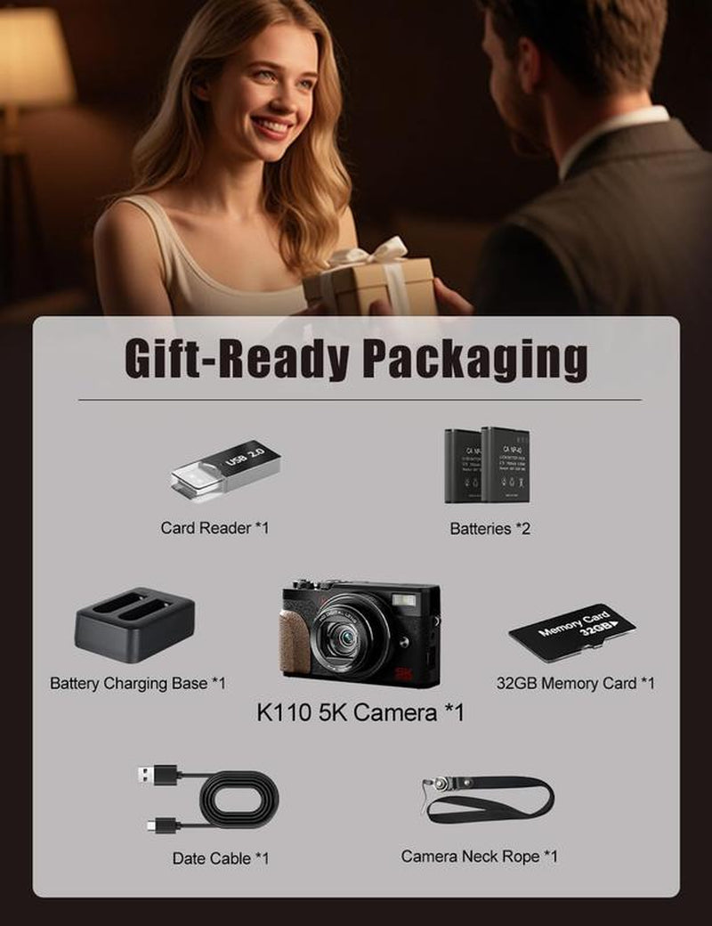 NBD Digital Camera | 64MP 5K Vlogging with 180° Flip Screen | 18X Digital Zoom | 32GB SD Card & 2 Batteries | Perfect for Beginners and Enthusiasts Black Photography Beginner