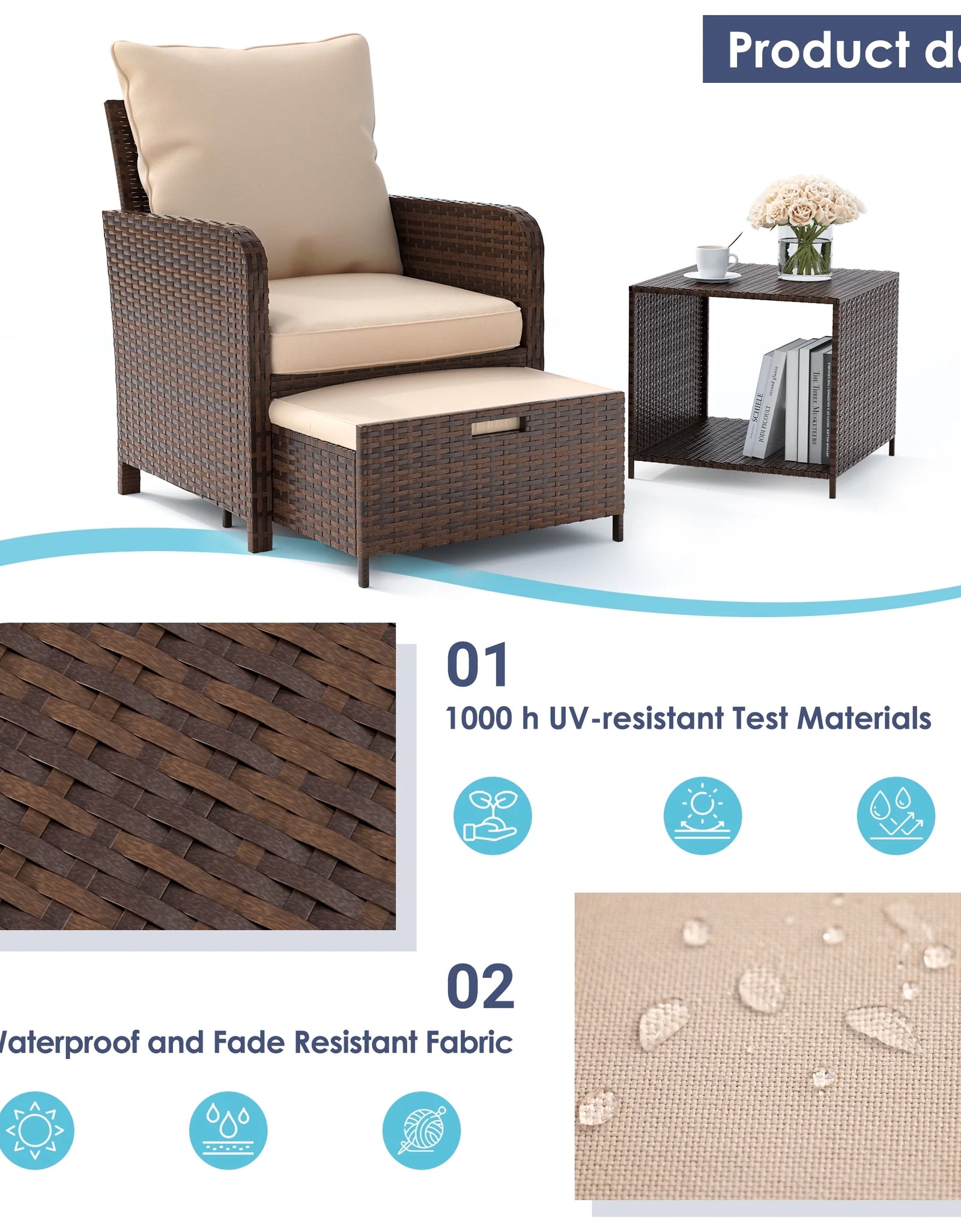 Balcony Furniture 5 Piece Patio Furniture Set, Outdoor Patio Chair , Khaki