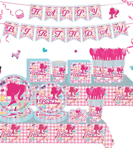 171 Count Disposable Tableware Birthday Party Supplies Pink Girls Paper Plates Napkins Cups Plastic Tablecloths Pink Girls Tableware Set Birthday Party Decorations Serves 24 Guests