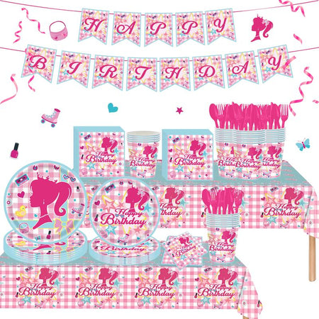 171 Count Disposable Tableware Birthday Party Supplies Pink Girls Paper Plates Napkins Cups Plastic Tablecloths Pink Girls Tableware Set Birthday Party Decorations Serves 24 Guests