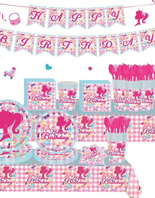 Load image into Gallery viewer, 171 Count Disposable Tableware Birthday Party Supplies Pink Girls Paper Plates Napkins Cups Plastic Tablecloths Pink Girls Tableware Set Birthday Party Decorations Serves 24 Guests
