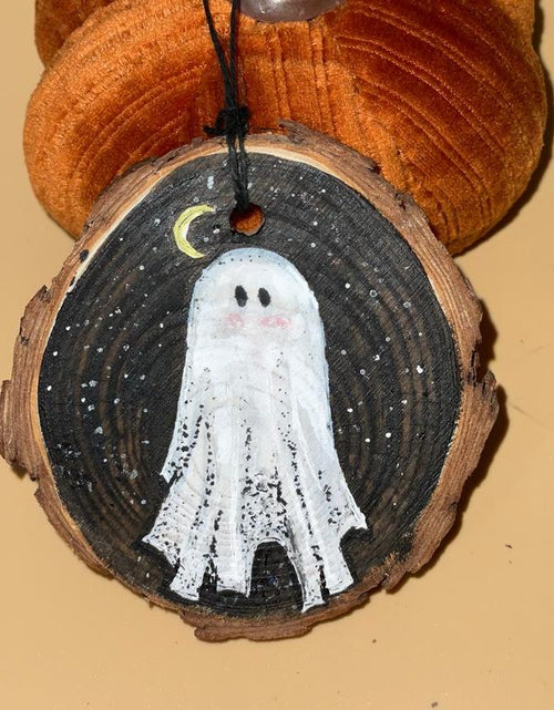 Load image into Gallery viewer, Wooden Hand Painted Halloween Decor - Handpainted Ghost on Wooden Circle Spooky Ornaments Decoration

