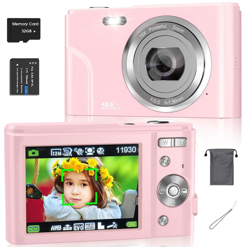 Auto Focus Digital Camera, 1 Count Full HD 1080P/48MP Mini Digital Cameras with 32G Memory Card, Compact Portable Camera, 16X Zoom Digital Camera Pictures For, Photo Camera, Shoot Cameras, Pocket Camera