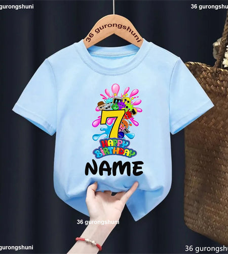 Colorful 7Th Happy Birthday Game Sprunki Printed T Shirt for Girls/Boys Custom Name Birthday Party Kids Clothes Summer T-Shirt