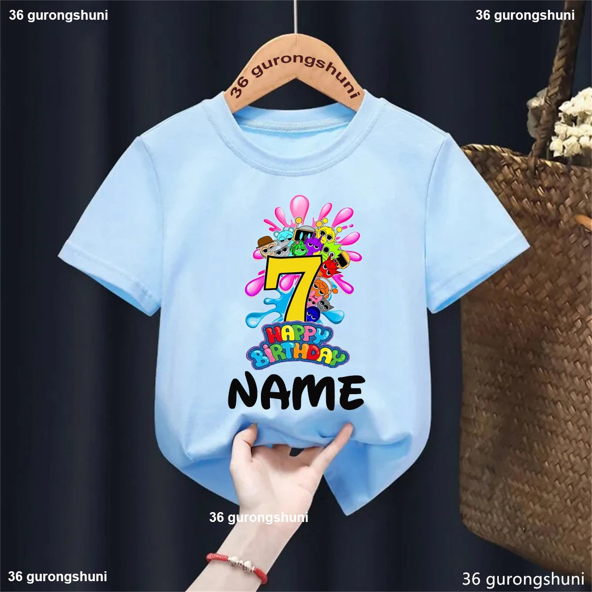 Colorful 7Th Happy Birthday Game Sprunki Printed T Shirt for Girls/Boys Custom Name Birthday Party Kids Clothes Summer T-Shirt