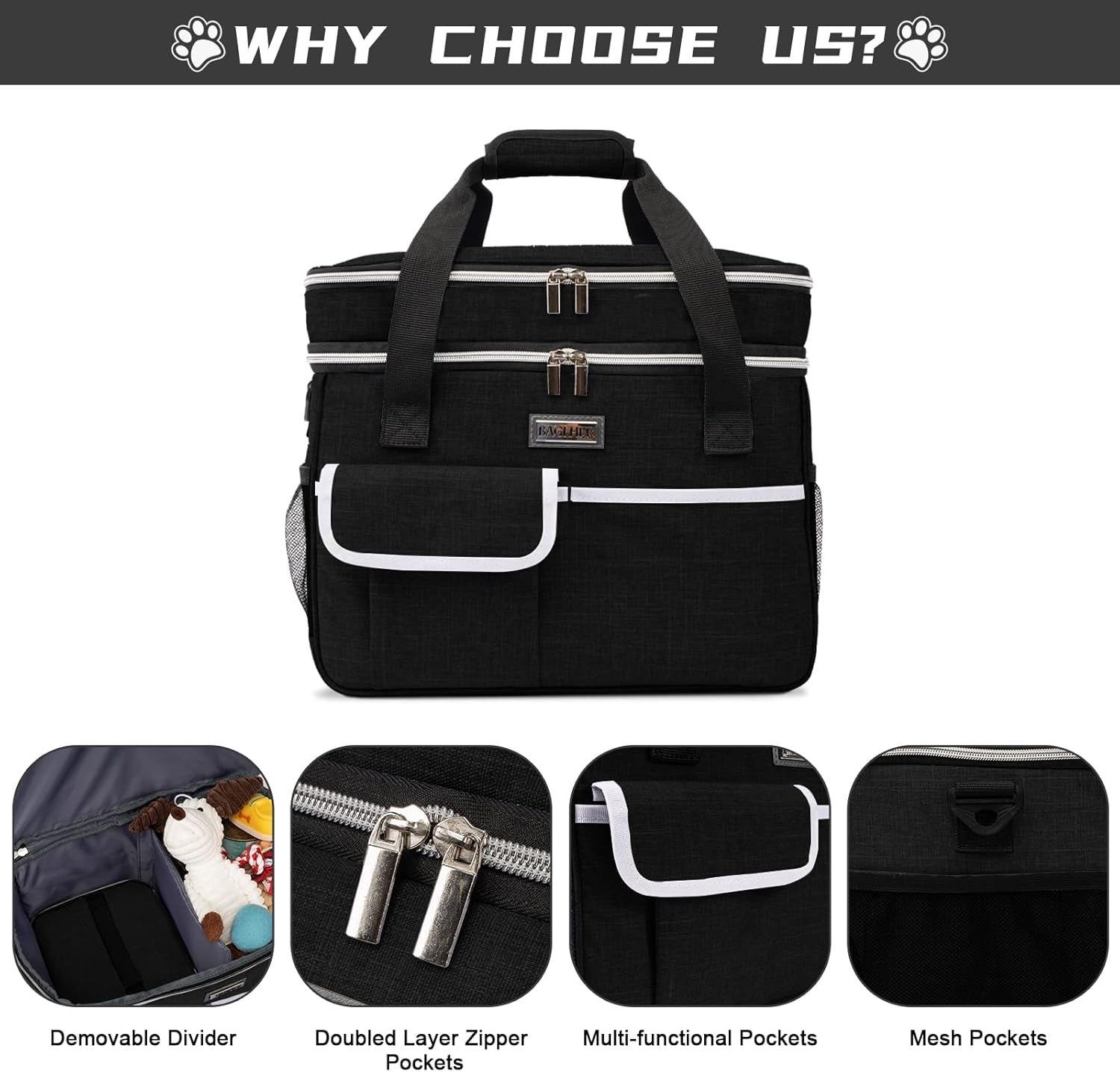 Dog Travel Bag for Supplies - Double-Layer Airline Approved Weekend Pet Travel Organizer Set for Dog and Cat Tote with 2 Pet Food Containers and 2 Collapsible Silicone Bowls Black