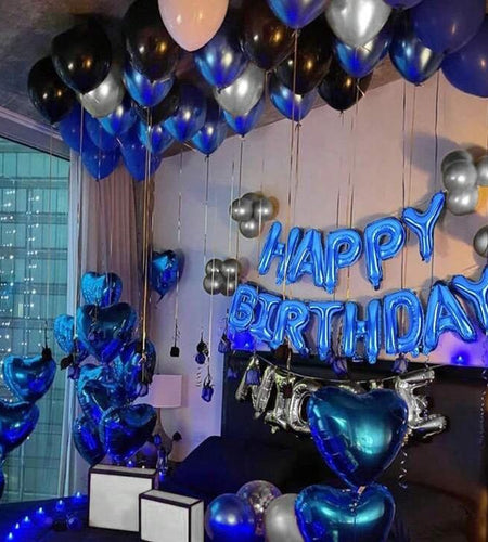 52Pcs Blue Birthday Party Decoration Kit with 'Happy Birthday' Banner, Latex Balloons, Heart-Shaped Foil Balloons, Glue Dots, and White Ribbon Birthday Balloon Foil Balloon Party Decoration Birthday Decoration