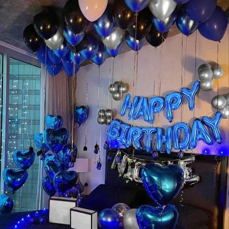 52Pcs Blue Birthday Party Decoration Kit with 'Happy Birthday' Banner, Latex Balloons, Heart-Shaped Foil Balloons, Glue Dots, and White Ribbon Birthday Balloon Foil Balloon Party Decoration Birthday Decoration
