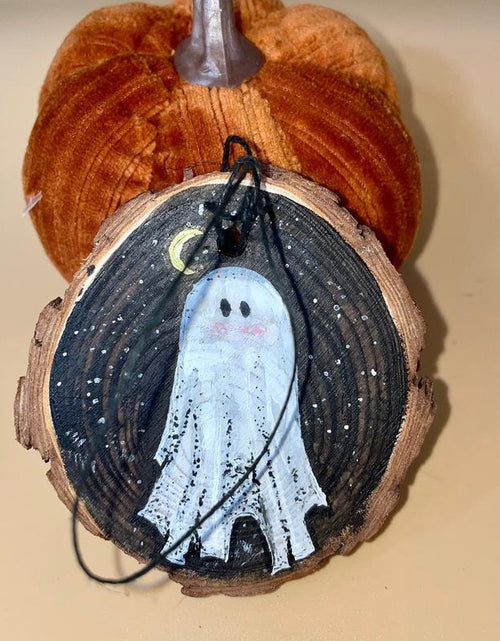 Load image into Gallery viewer, Wooden Hand Painted Halloween Decor - Handpainted Ghost on Wooden Circle Spooky Ornaments Decoration
