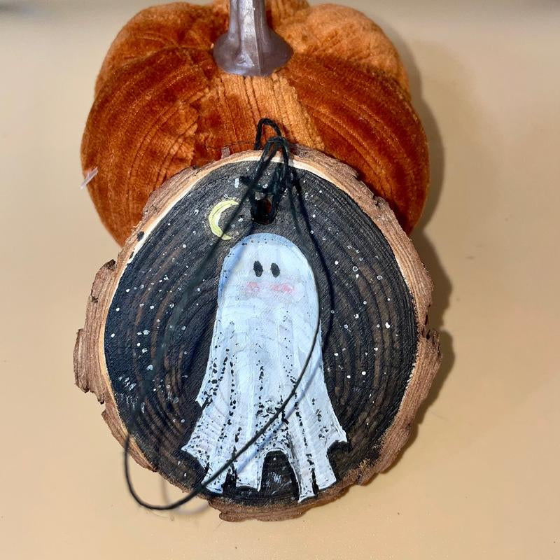 Wooden Hand Painted Halloween Decor - Handpainted Ghost on Wooden Circle Spooky Ornaments Decoration
