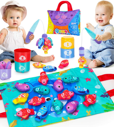 PEBIRA Montessori Toddler Toys for 1 2 Year Old Boy Girl 23 pcs Cloth Fishing Game 2 Poles Stacking Cups Learning Toys for Number & Color Sorting Birthday Gift for Age 6-12 18 Month Kid Baby Toys