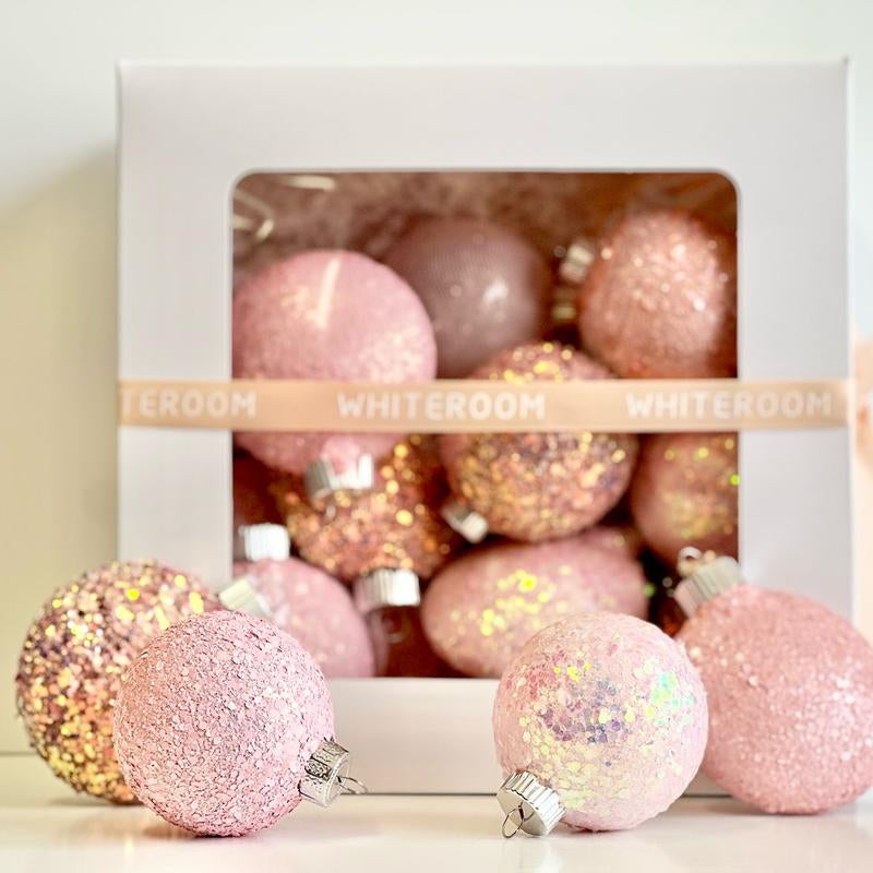 Christmas Glitter Ornaments, Christmas Tree Decoration, Pink Shades Set of 16 Pcs, Christmas Handmade Custom Balls Gift Decorative Hanging