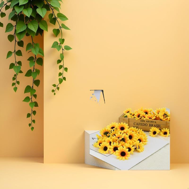 Fall Halloween Gift 100Pcs Yellow Artificial Flower Heads Mini Fake Sunflower Decorative Fabric Flowers Craft Floral Embellishments