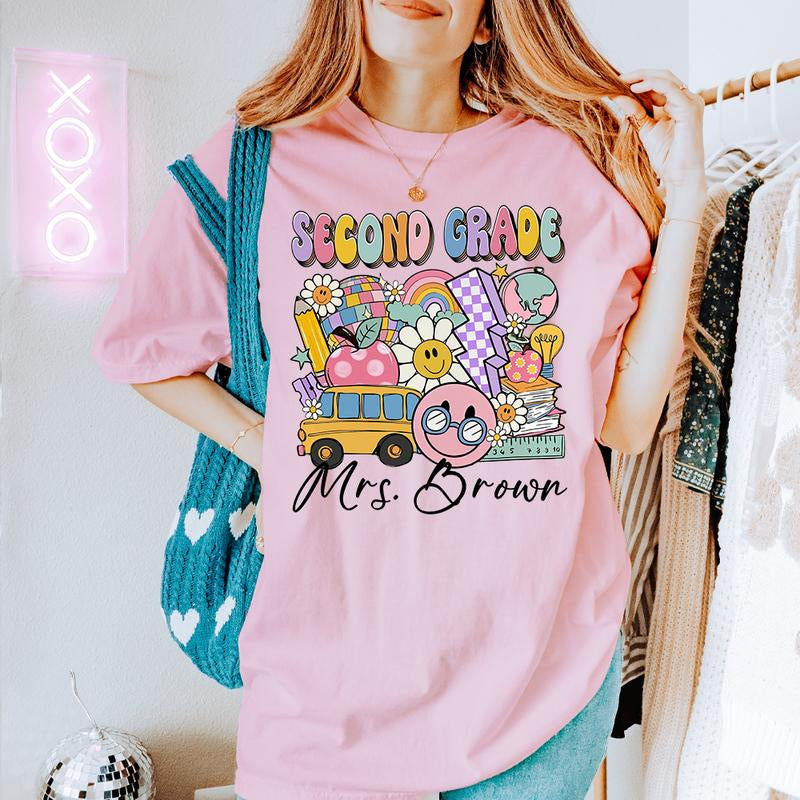 Customized 2Nd Grade Teacher Back to School T-Shirt (Send Me Your Customized Request), Retro Groovy 2Nd Grade Squad Shirt, Second Grade Teacher Gifts, Welcome to 2Nd Grade Clothing, Trendy School Summer Outfit, Gifts for 2Nd Grade Teachers