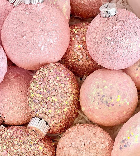 Christmas Glitter Ornaments, Christmas Tree Decoration, Pink Shades Set of 16 Pcs, Christmas Handmade Custom Balls Gift Decorative Hanging