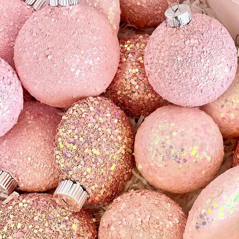 Christmas Glitter Ornaments, Christmas Tree Decoration, Pink Shades Set of 16 Pcs, Christmas Handmade Custom Balls Gift Decorative Hanging