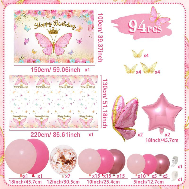 Butterfly Birthday Balloon Arch Kit, 95Pcs Purple Pink Butterfly Birthday Party Decoration DIY Set, Lavender Balloons Foil Balloons, Happy Birthday Backdrop Tablecloth, Girl'S Birthday Party Balloon Garland, Party Supplies, Father'S Day Gift