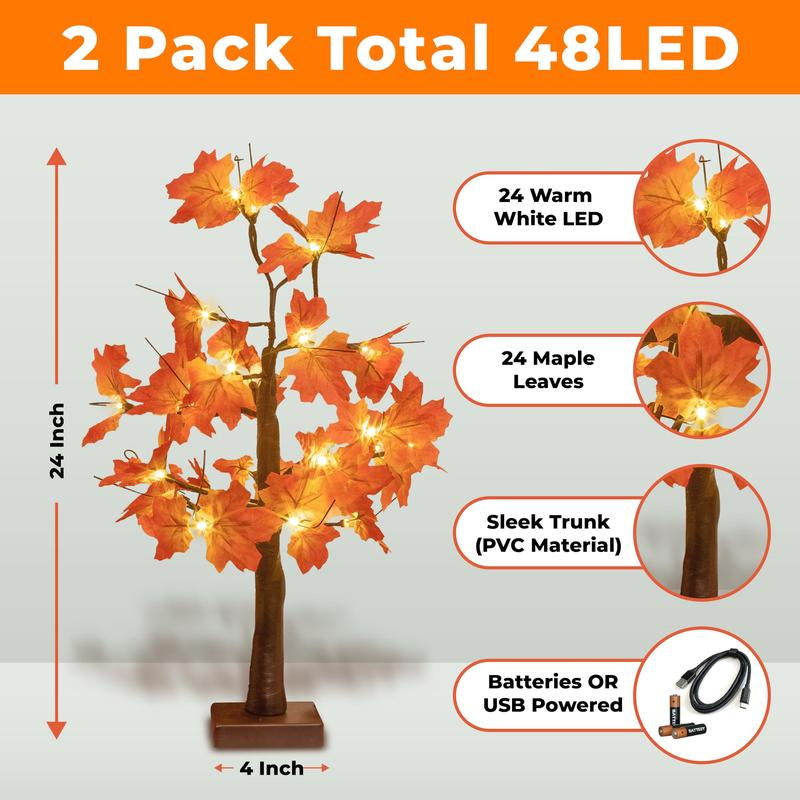 Alfanite 24-Inch Fall Lighted Maple Tree, 24 LED Lights, Usb+Battery Operated Thanksgiving Table Centerpieces Decoration Tree for Home Fireplace Autumn Harvest Tabletop Indoor Decor