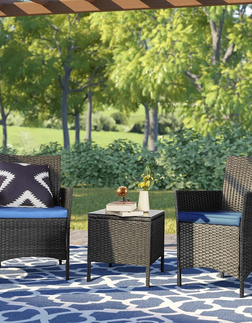 Load image into Gallery viewer, 3 Piece Patio Furniture Set, Outdoor PE Rattan Wicker Chairs with Soft Cushion and Coffee Table, Conversation Set for Yard Backyard Lawn Porch Poolside Balcony, Black/Blue
