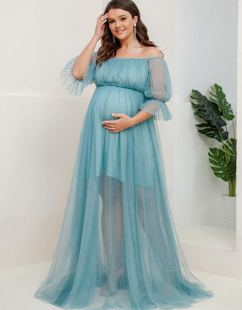 Load image into Gallery viewer, EVER PRETTY Sheer Off-Shoulder Double Skirt Maxi Maternity Dress below the Ankle Square Neckline Long Sleeves Concealed Zipper Back 20862
