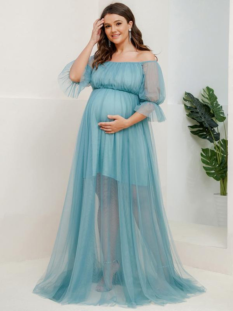 EVER PRETTY Sheer Off-Shoulder Double Skirt Maxi Maternity Dress below the Ankle Square Neckline Long Sleeves Concealed Zipper Back 20862