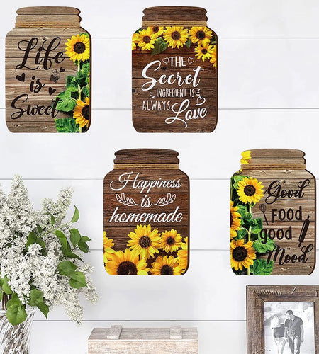 4 Pcs Mason Jar Wall Decor Wooden,Kitchen Rustic Home Decor Inspirational Kitchen Decor Hanging Farmhouse Kitchen Signs Wall Decor for Home Decor