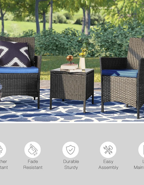 Load image into Gallery viewer, 3 Piece Patio Furniture Set, Outdoor PE Rattan Wicker Chairs with Soft Cushion and Coffee Table, Conversation Set for Yard Backyard Lawn Porch Poolside Balcony, Black/Blue
