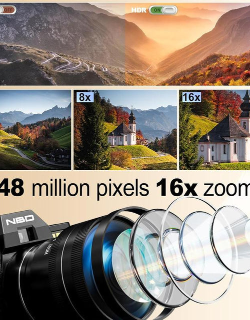 Load image into Gallery viewer, NBD 48MP Digital Cameras - 4K 16X Zoom Travel Camera with 180° Flip Screen, Auto Focus, Macro Lens, 2 Batteries &amp; 32GB SD Card (Black) Tech Gadgets
