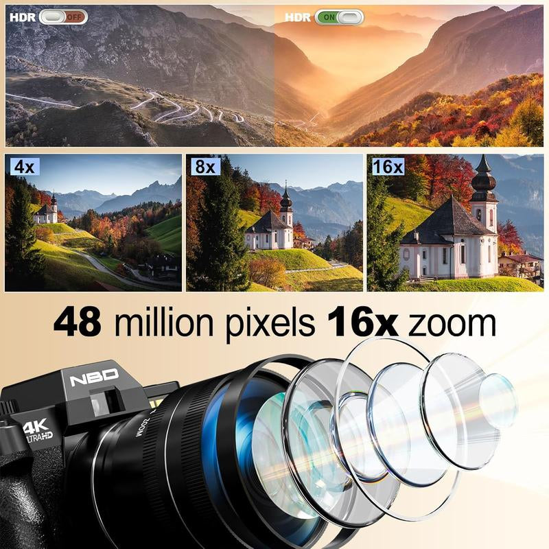 NBD 48MP Digital Cameras - 4K 16X Zoom Travel Camera with 180° Flip Screen, Auto Focus, Macro Lens, 2 Batteries & 32GB SD Card (Black) Tech Gadgets