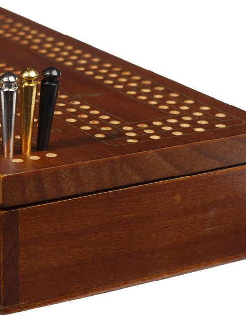 Load image into Gallery viewer, 3 Player Wood Cribbage Set - Easy Grip Pegs and 2 Decks of Cards inside of Board - Walnut Stained
